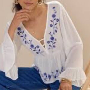 Audrey Parks Francesca’s Blue Floral Embroidered Blouse
